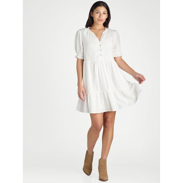 Time and Tru Women’s Cotton Tiered Mini Dress with Short Sleeves, Sizes XS-XXXL - Walmart.com | Walmart (US)