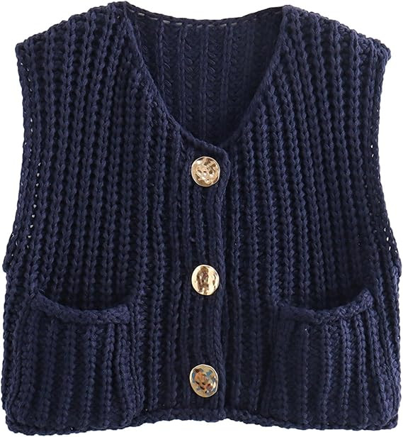 Women's Sleeveless Chunky Knit Top Casual Cropped Button Down Sweater Vest Open Front Cardigan wi... | Amazon (US)