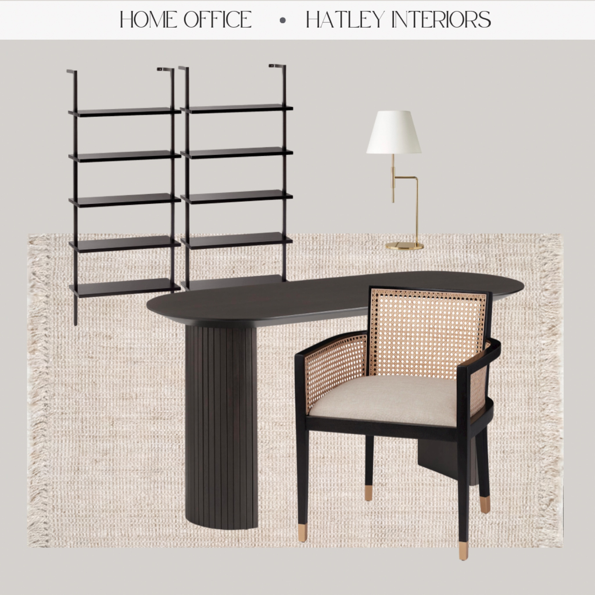 todays daily dupe in a mood board! 

home office, cans armchair, desk chair, black desk, ladder shelves, office organization, jute rug, home office decor, home office design, brass table lamp

#LTKhome #LTKsalealert