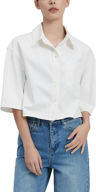 LifeShe Womens Denim Shirt Short Sleeve Cropped Jean Jacket Button Down Lightweight Denim Jacket ... | Amazon (US)