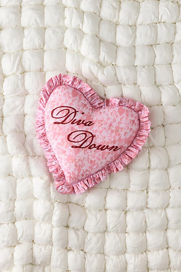 Diva Down Embroidered Heart Ruffle Throw Pillow in Pink at Urban Outfitters | Urban Outfitters (US and RoW)