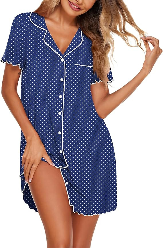 Ekouaer Nightgowns for Women Button Down Sleep Shirt Short Sleeve NightShirts Boyfriend Sleepdres... | Amazon (US)