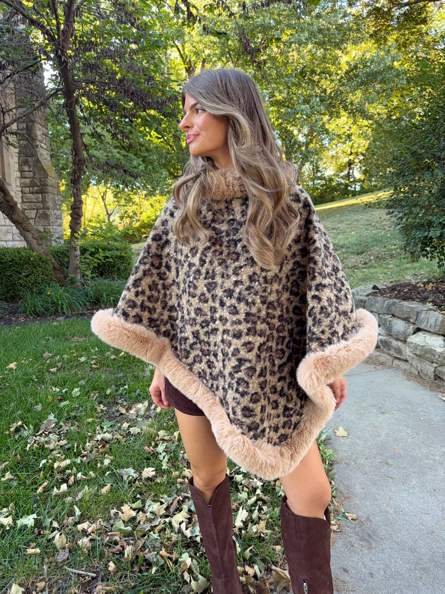 Montclair Faux Fur Trim Poncho - Leopard | Ave and Liv Boutique