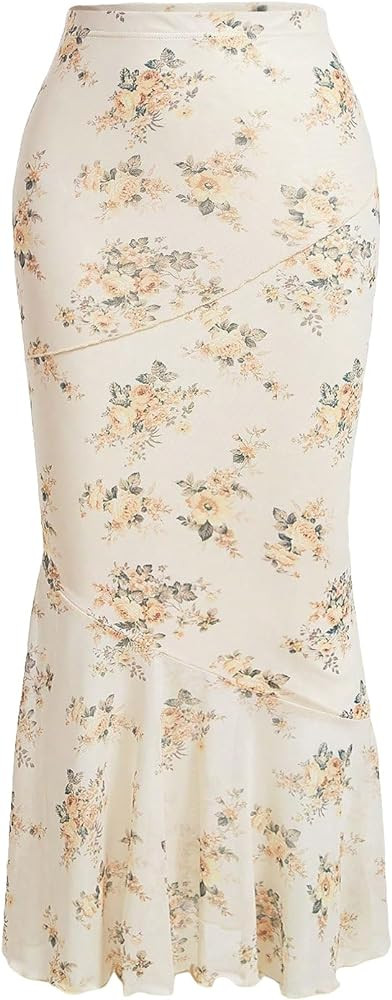 Verdusa Women's Floral Print High Waist Bodycon Ruffle Hem Fishtail Long Skirt | Amazon (US)