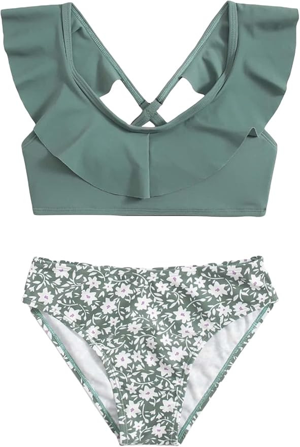 SOLY HUX Girl's Floral Print Ruffle Trim Bikini Set Bathing Suits 2 Piece Swimsuit | Amazon (US)