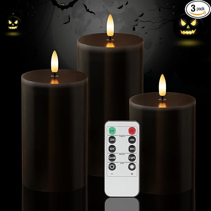 Black Flameless Candles, Halloween Candles with Remote, Battery Operated Gothic LED Candles, Real... | Amazon (US)