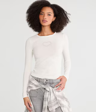 Long Sleeve Seriously Soft Rhinestone Heart Baby Tee | Aeropostale