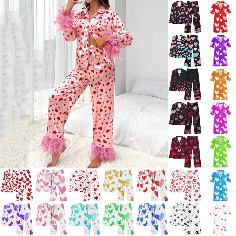 Aobny Soft Womens Pajamas Button Up Pink Satin Valentine's Day Collared Short Sleeve Long Sets Pj... | Walmart (US)