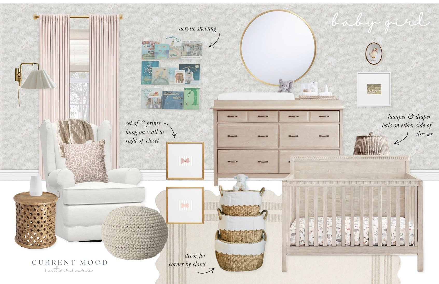 Baby Girl Nursery Room Design 💖
#wallpaper #windowtreatments #curtains #romanshades #babyfurniture #crib #dresser #glider #arearug #neutraldecor #moodboard #edesign

#LTKHome #LTKKids #LTKBaby