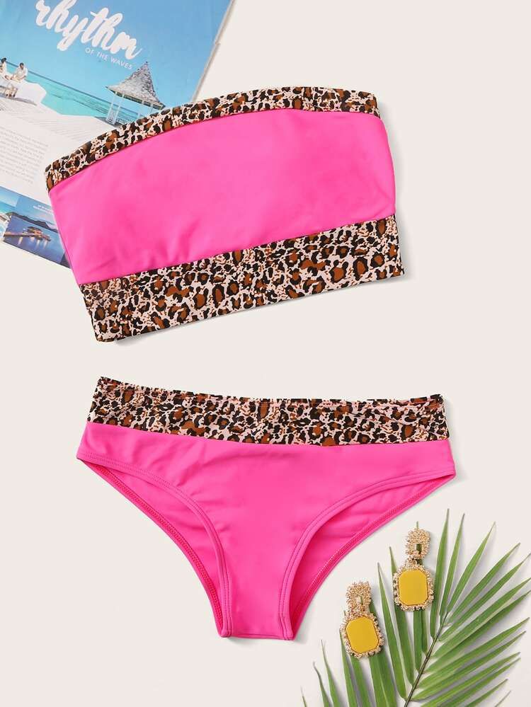 Contrast Leopard Bandeau Bikini Swimsuit | SHEIN