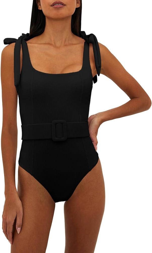 Saodimallsu Womens Sexy One Piece Bathing Suit High Cut Knit Square Neck Tied Strappy Swimsuit wi... | Amazon (US)