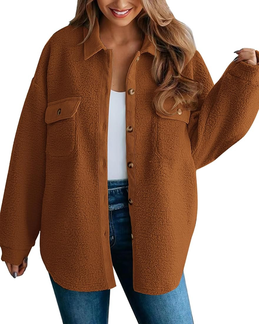 BTFBM Women's Fall Winter Button Down Sherpa Jacket Coat Warm Long Sleeve Fleece Outerwear Faux F... | Amazon (US)