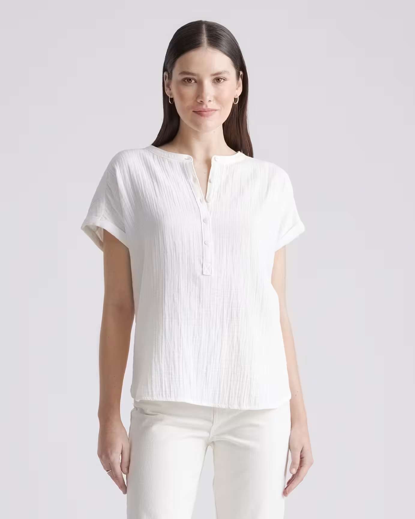 100% Organic Cotton Gauze Roll Sleeve Shirt in White | Quince