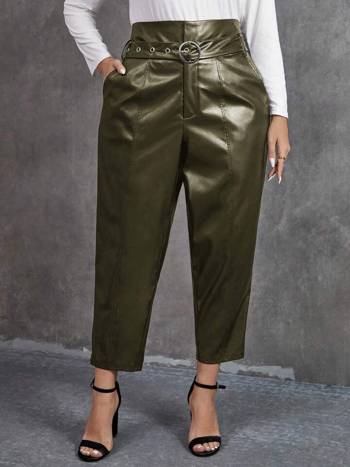 SHEIN Clasi Plus Size High Waist Slanted Pocket Pu Leather Pants | SHEIN