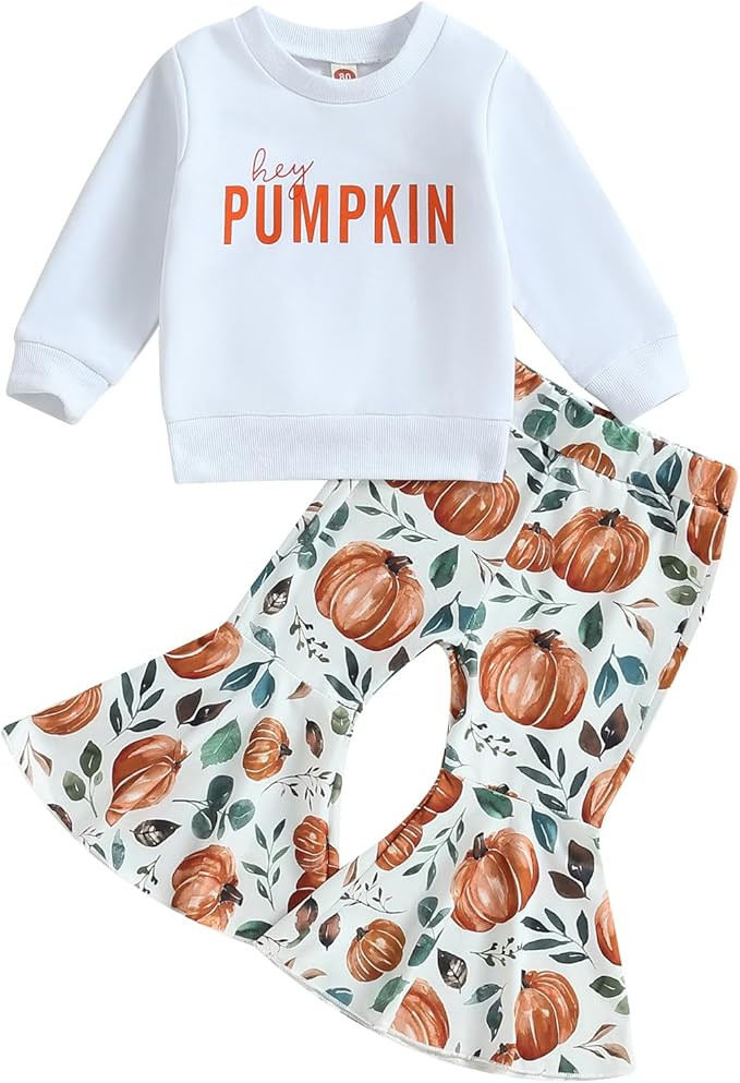 Baby Girl Halloween Outfit Pumpkin Pie Crewneck Sweatshirt Shirt Top Bell-Bottom Pants Sets Cute ... | Amazon (US)