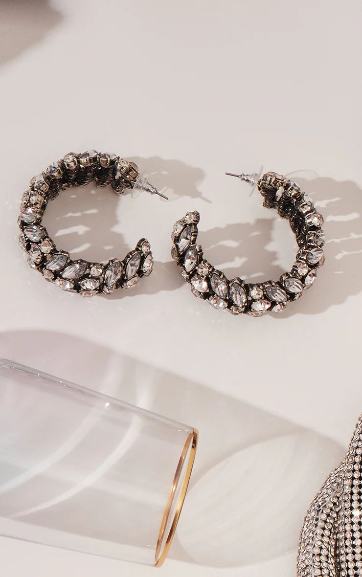Silver Chunky Diamante Statement Hoop Earrings | PrettyLittleThing US