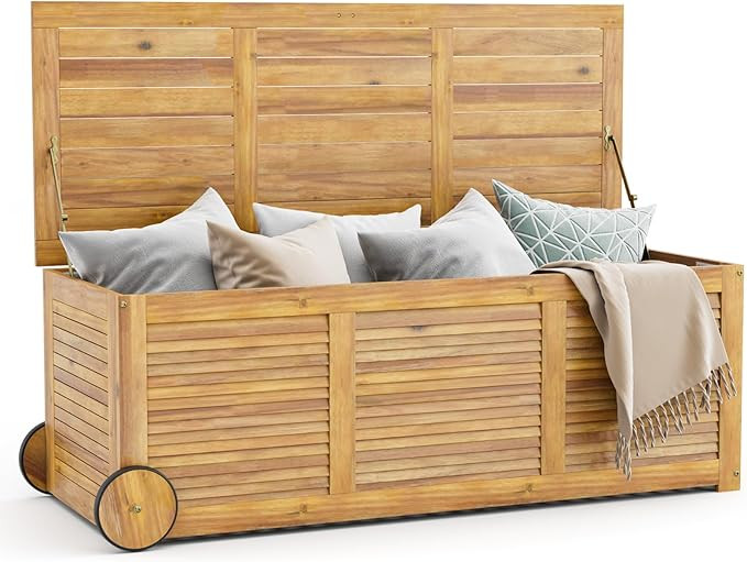 Tangkula 48 Gallon Outdoor Storage Box with Wheels, Portable Patio Acacia Wood Deck Box, with Sid... | Amazon (US)
