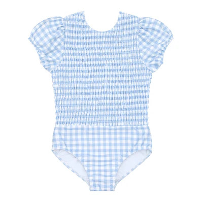 girls oasis blue gingham puff sleeve smocked one piece | minnow