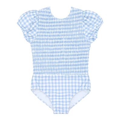 girls oasis blue gingham puff sleeve smocked one piece | minnow