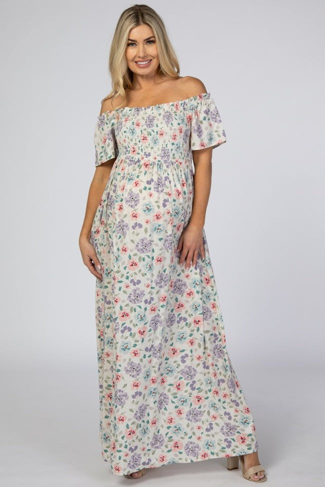 Ivory Floral Smocked Off Shoulder Maternity Maxi Dress | PinkBlush Maternity