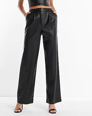 Super High Waisted Faux Leather Pleated Wide Leg Pant | Express