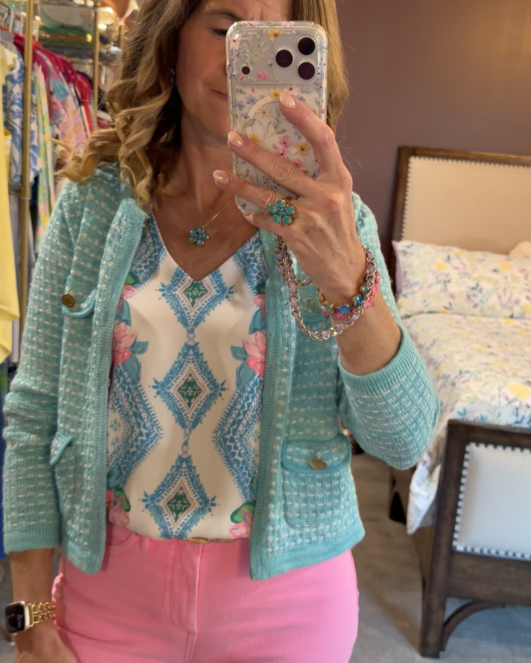 Spring Outfit 

Spring outfit I’ll be wearing on repeat 💕

This top is one of my favorites—so easy to style with jeans, shorts, or skirts and works dressed up or casual.

Added a cardigan here for a second look, which makes it perfect for cooler mornings or evenings 💚

All jewelry comes from thesparkledshell.com 
Use my code: lillylover10 

spring outfit ideas
casual to dressy outfit
cardigan outfit women
colorful outfit women
preppy spring style
everyday outfit women
women over 40 style
outfit styling ideas
versatile outfits

#springstyle #ootdstyle #outfitideas
#preppystyle #colorfulstyle #casualchic
#ltkstyle #ltkoutfit #ltkfinds
#styleover40 #over40style #everydaystyle #lillypulitzer 


#LTKOver40 #LTKWorkwear #LTKSeasonal