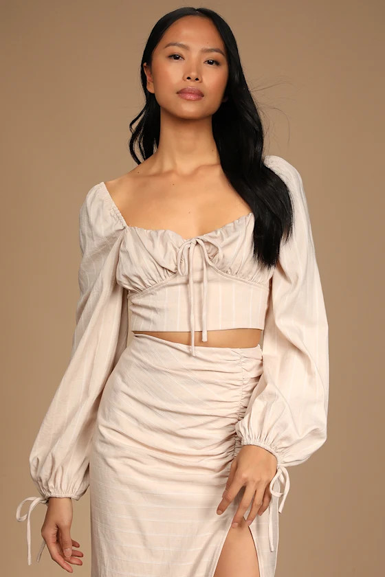 Out With You Beige Striped Bustier Long Sleeve Crop Top | Lulus (US)