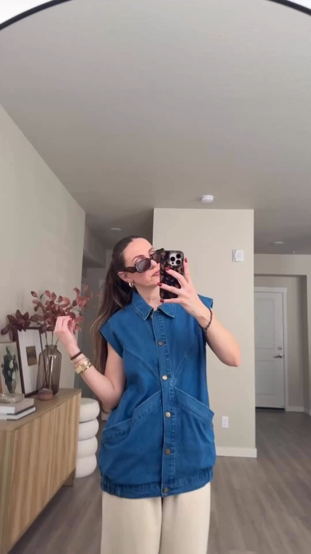 linked exact 
🎀 denim vest / sleeveless jacket 
🎀 wise leg pants
🎀 chocolate brown / animal print magsafe phone case (the best!) 
🎀 chocolate brown sneakers 
