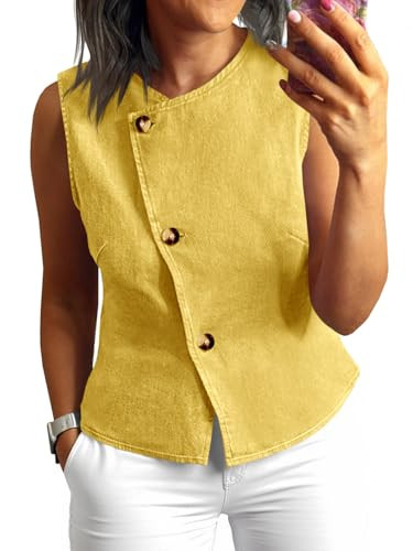 Tankaneo Camisetas sin mangas de mezclilla para mujer, ajustadas, con botones, de moda, casuales,... | Amazon (US)
