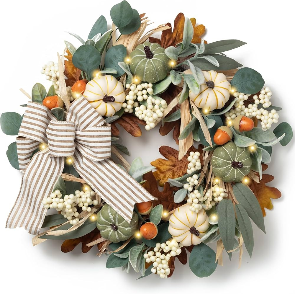 Valery Madelyn Fall Wreaths for Front Door Outside, 20'' Farmhouse Autumn Door Wreath with Lights... | Amazon (US)