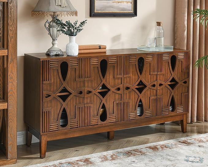 LKTART 60" Mid Century Modern Sideboard Buffet with Hollow Carved Doors and Outlet Holes,Vintage ... | Amazon (US)