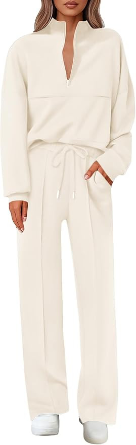 Lazysmile 2 Piece Sets For Women Lapel Half Zip Sweatshirt and Wide Leg Long Pants Sweatsuit Loun... | Amazon (US)