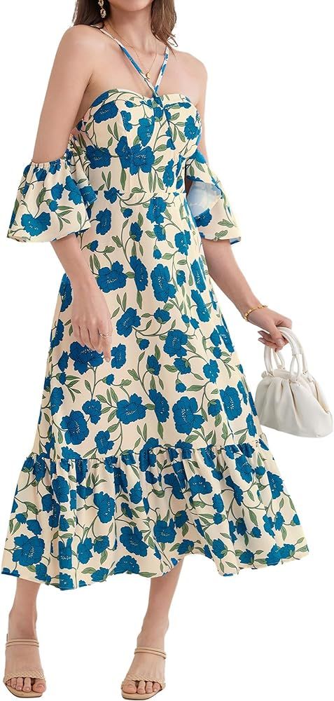 GRACE KARIN Women's 2024 Summer Floral Maxi Dress Smocked Halter Neck Ruffle A Line Off Shoulder ... | Amazon (US)