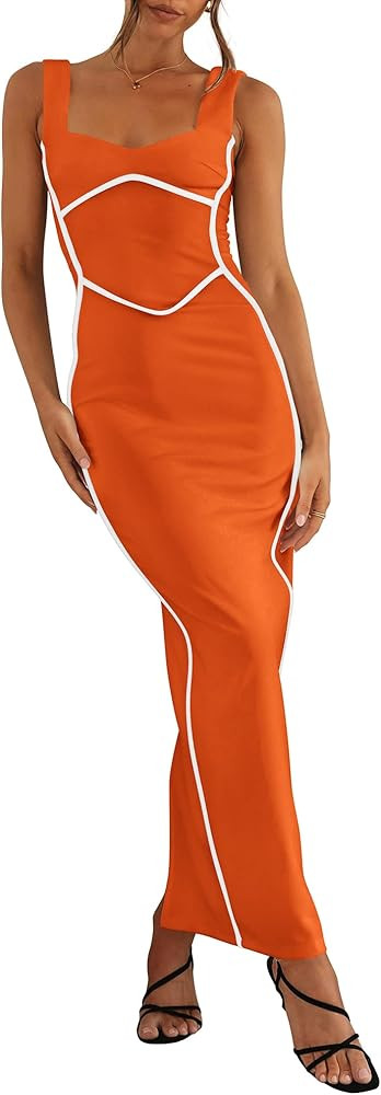 BTFBM Women Maxi Bodycon Dresses Square Neck Sleeveless Contrast Binding Split Cocktail Party Clu... | Amazon (US)