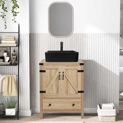24 inch Natural Color Bathroom Vanity, Rustic Fixture Standing Pedestal Cabinet with Black Cerami... | Amazon (US)