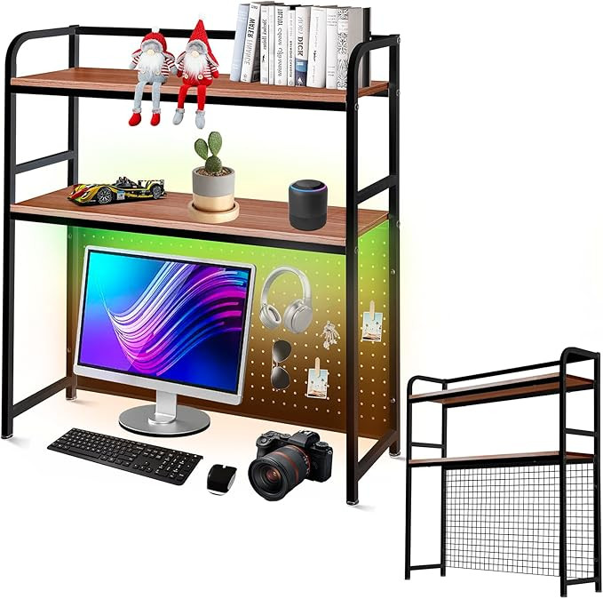 Desktop Hutch Bookshelf with 16-Color RGB Light Strip & Grid Panel and Pegboard, 2-Tier 37.4" Sol... | Amazon (US)