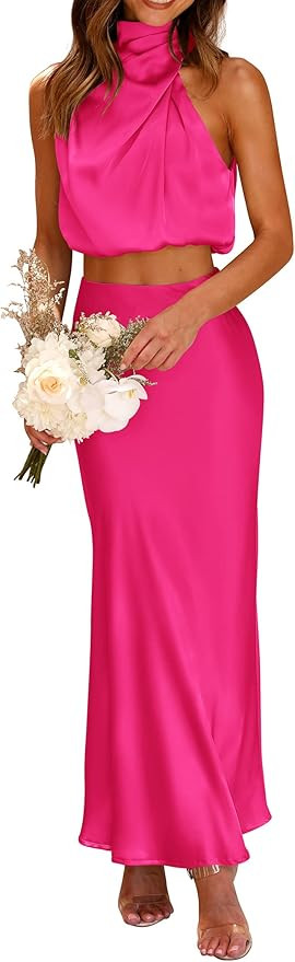 PRETTYGARDEN Women's 2 Piece Satin Outfits Summer Sleeveless Mock Neck Crop Tops and Long Skirt D... | Amazon (US)