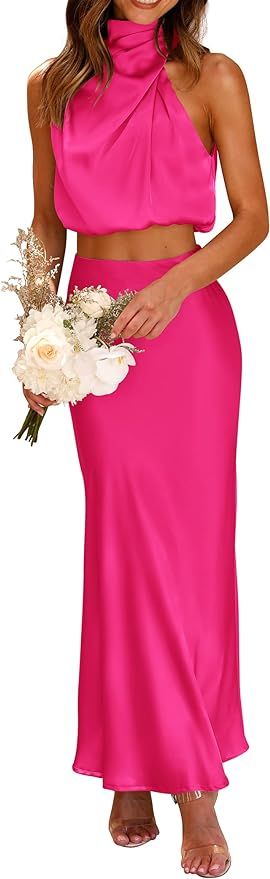 PRETTYGARDEN Womens Summer Sleeveless Mock Neck Crop Tops And Long Skirt Set | Amazon (US)