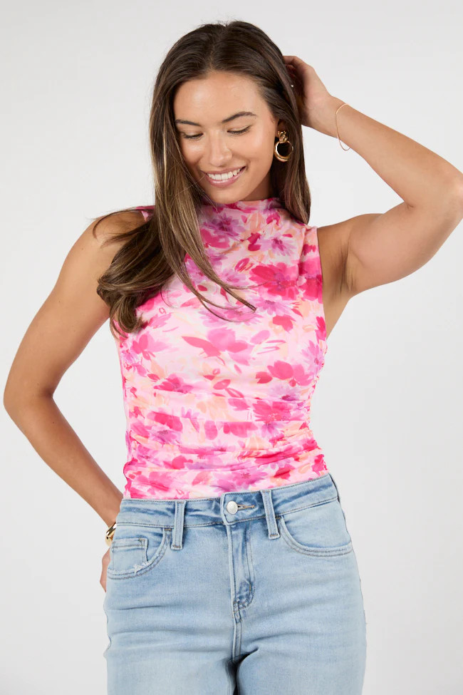 Out Of Bloom Pink Multi Floral Ruched Mock Neck Knit Tank | Pink Lily