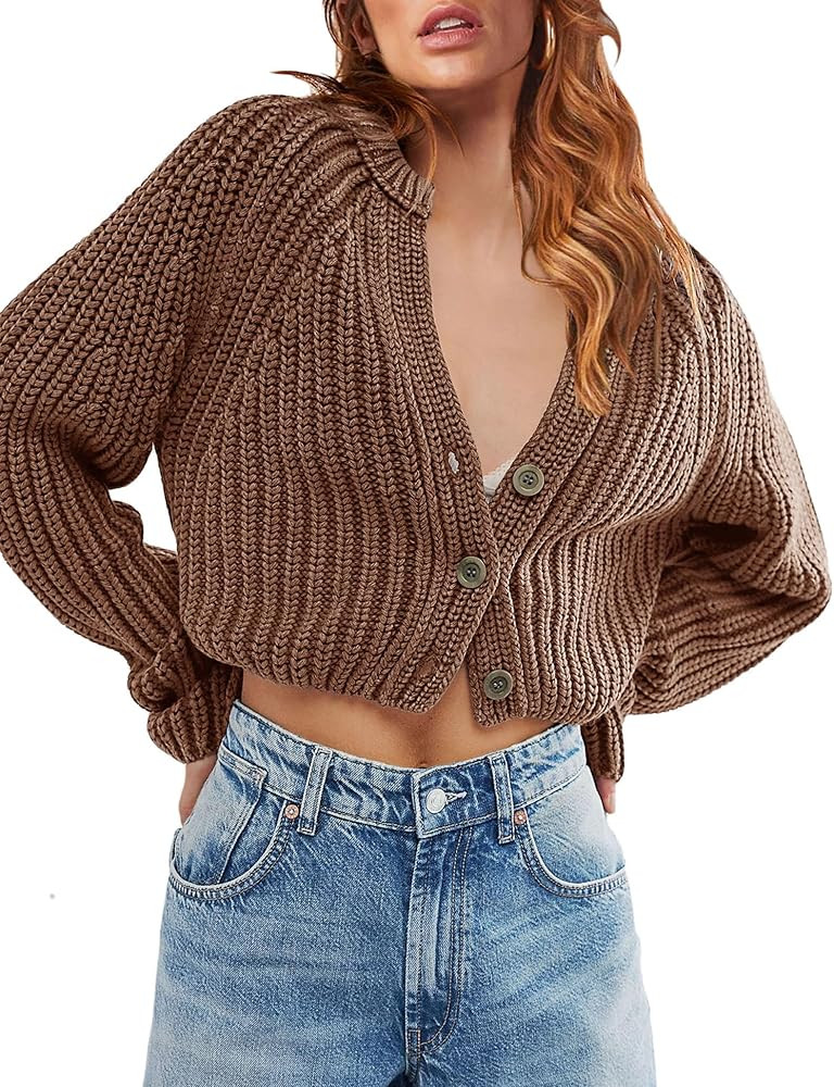 Fallorchid Women's V Neck Button Down Long Sleeve Cardigan Sweaters Open Front Cable Knit Crop To... | Amazon (US)