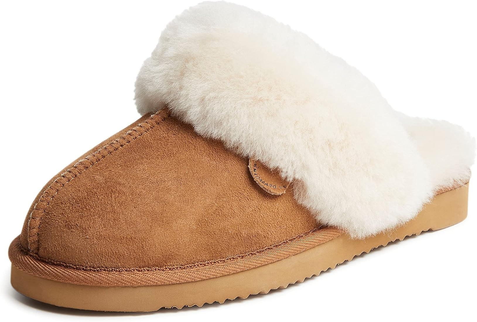 Amazon.com | Dearfoams Women's Fireside Water Resistant Sydney Shearling Scuff Slipper, Chestnut,... | Amazon (US)