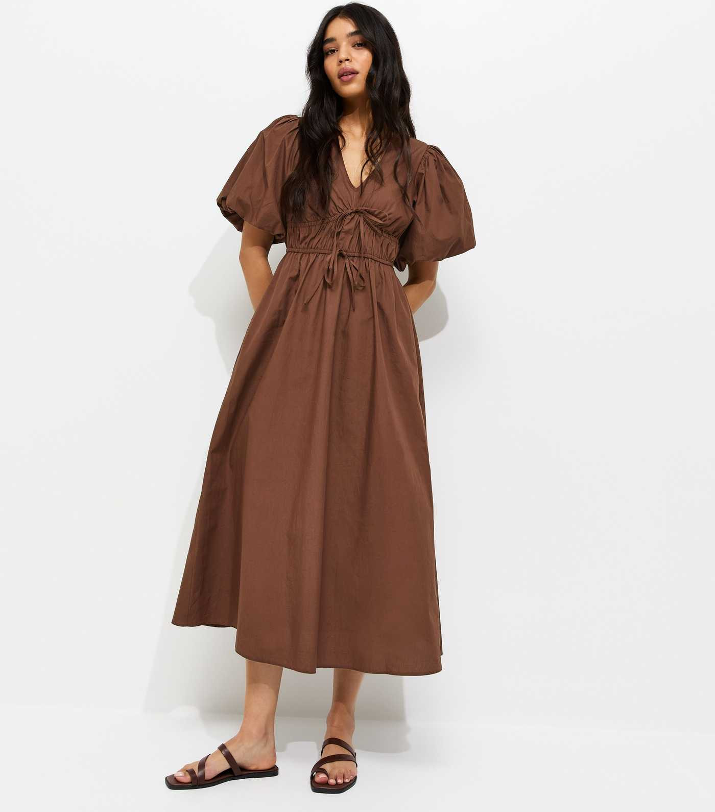 Dark Brown Cotton Puff Sleeve Midi Dress | New Look | New Look (UK)