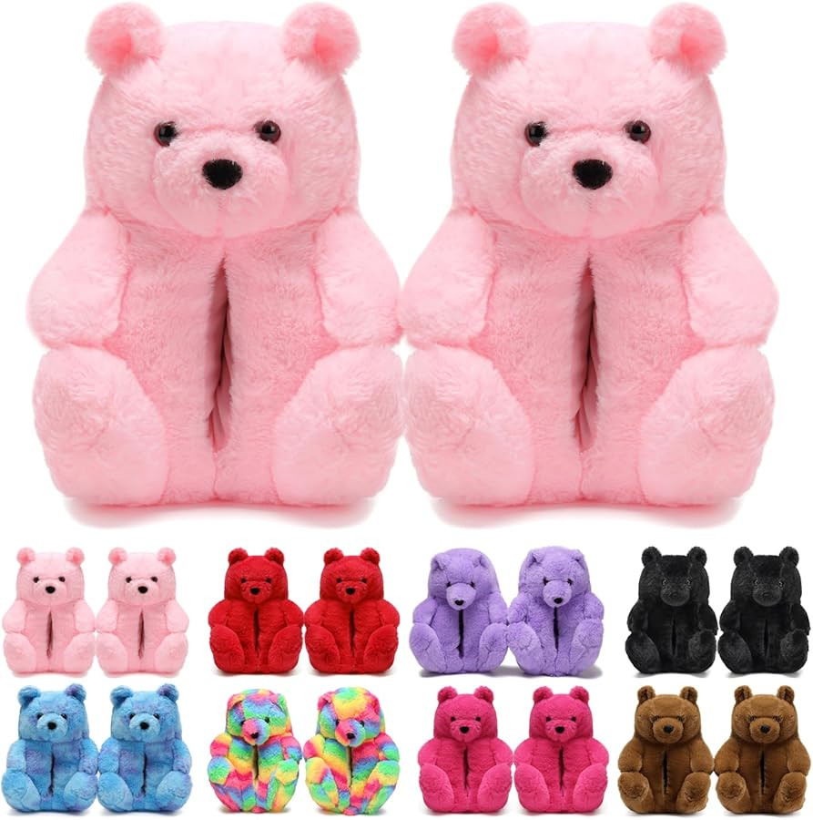 Women's Christmas Teddy Bear Slippers,Winter Fuzzy Cute Indoor House Slippers with Cushion,Fluffy... | Amazon (US)