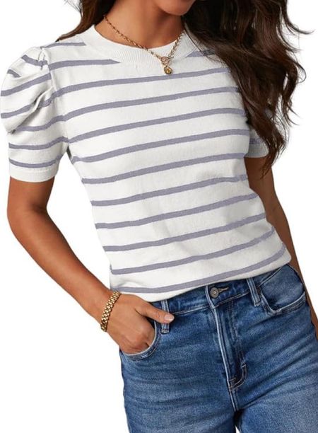 Amazon spring tops!! Tops for spring on Amazon!! Spring outfit idea! Short sleeve striped sweater top!! 