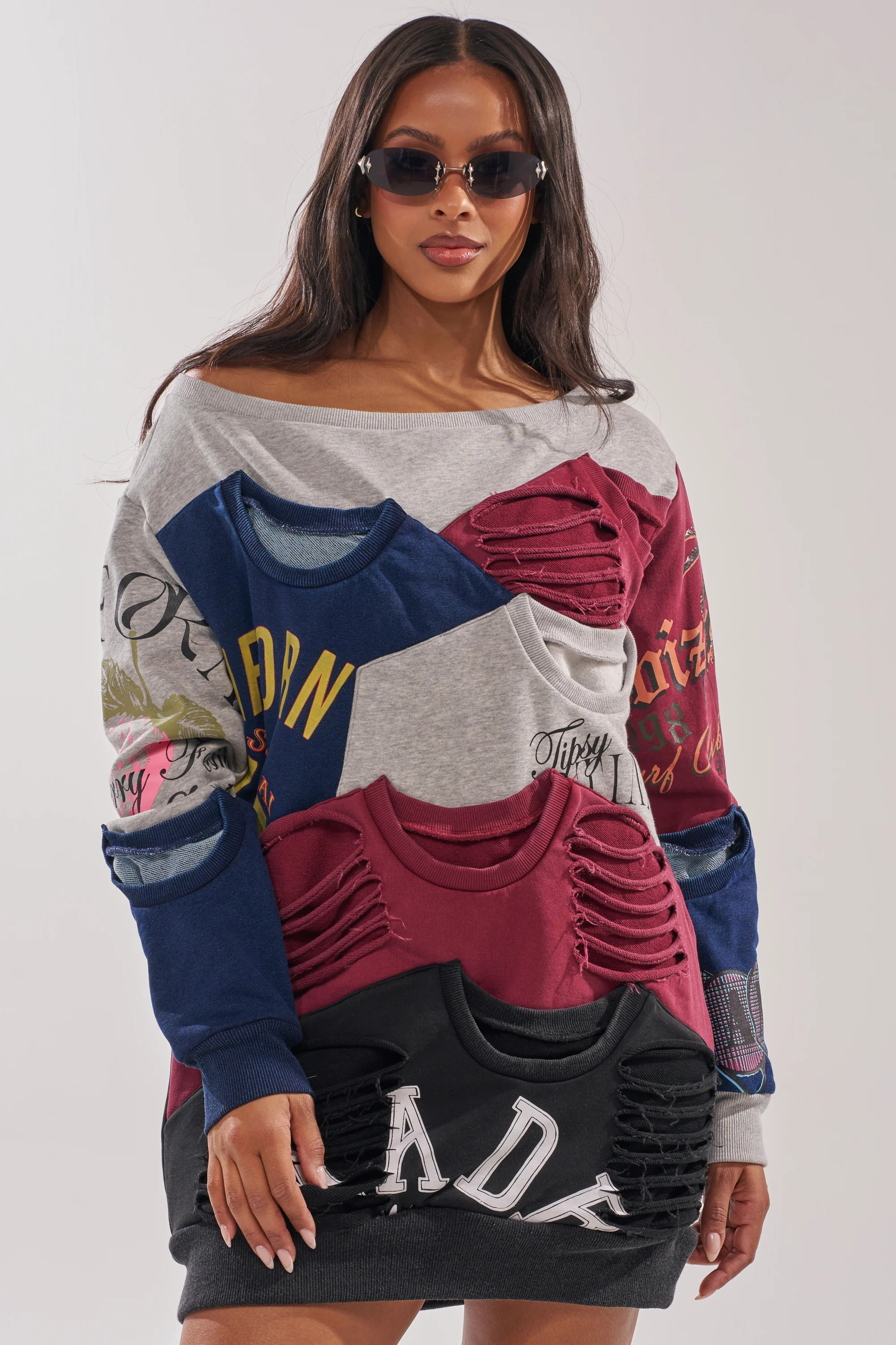 TALK LATER OFF THE SHOULDER PATCHWORK DRESS | AKIRA