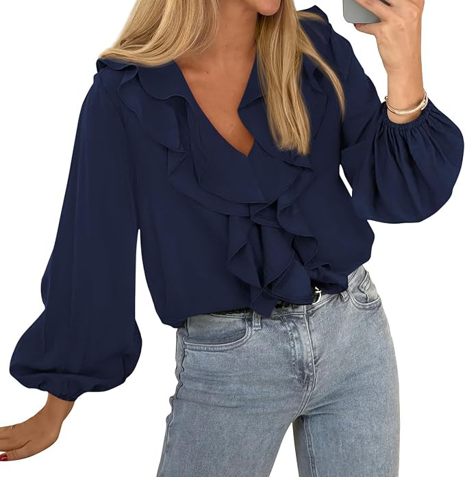 BTFBM Womens Fall Tops Ruffle Blouses Dressy Casual | Double Ruffled Collar V Neck Long Sleeve Sh... | Amazon (US)