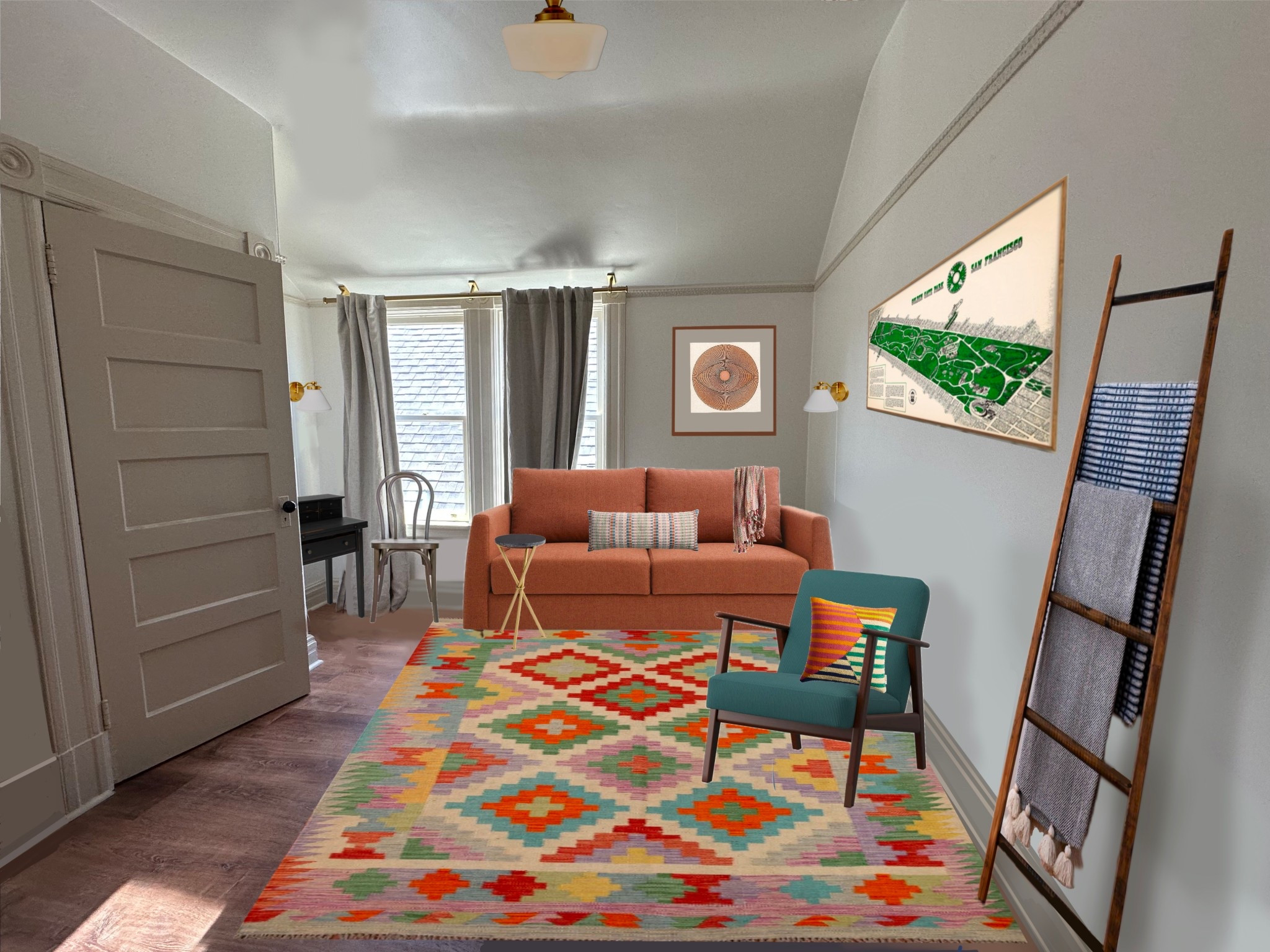 Living room design is welcoming and cozy, with a nod to the neighborhood history with eclectic woven tapestries, historical map, and eyeball artwork. Lots of extra pillows and blankets makes it feel cozy and relaxed.  (IKEA chair, Spaze orange couch, and Real Fun Wow artwork could not be tagged on LTK, so I will send the links)  