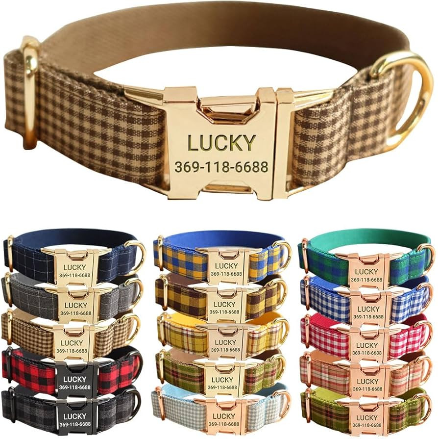 PETDURO Personalized Gingham Plaid Dog Collar Coffee - Engraved Name and Phone Number on Gold Met... | Amazon (US)