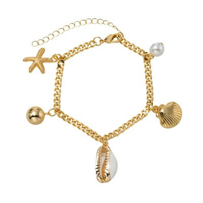 Jane Marie 18k Gold Plated Gold Chain Bracelet with Pearl, Clam, Starfish Charms | Target
