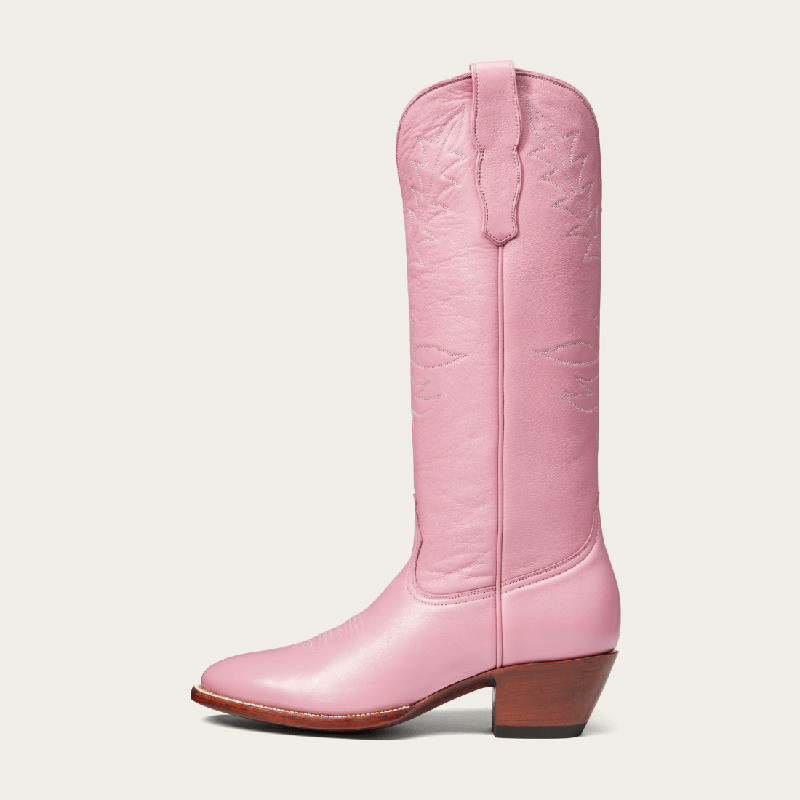 Pink Block Heel Calf Boot Women's Pointed Toe Sewed Cowgirl Boots | FSJshoes